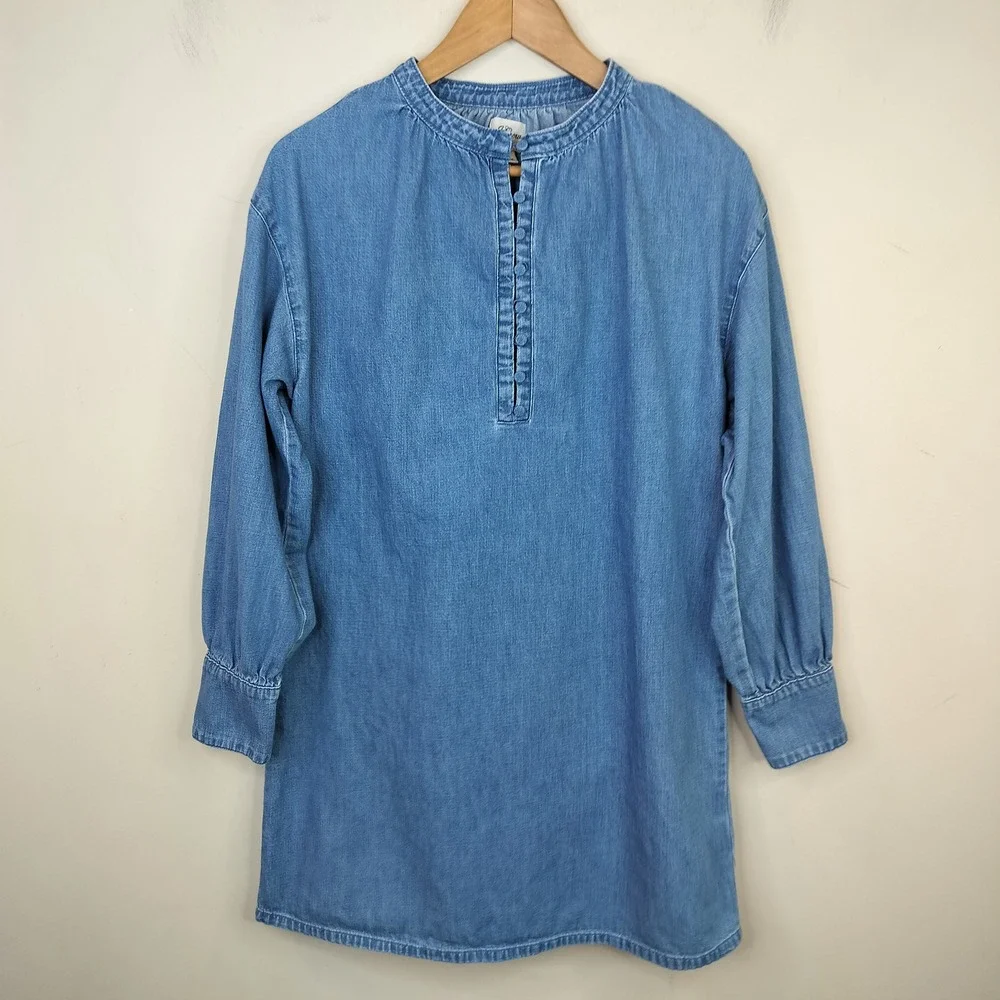 J. Crew Denim Shirt Dress Small Button Front Mini Puff Sleeve Casual Womens